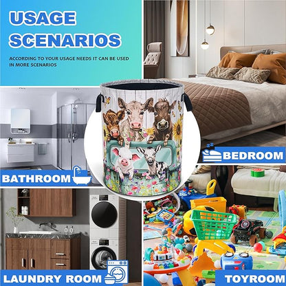 Farm Cow Pigs Laundry Basket Highland Cattle Animals Oxford Cloth Laundry Hamper With Handle Foldable Portable Clothes Storage Basket 18.9 X 16.5 Inch Storage Bag For Laundry Room/Bathroom/Bedroom