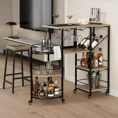 Bar Cart, Home Bar Service Cart with Wine Rack and Glass Holder, Kitchen Cart with Rolling Wheels, Metal Bar Rack with 7 Tiers Storage for Home, Kitchen, Living Room, Dining Room (Wood)