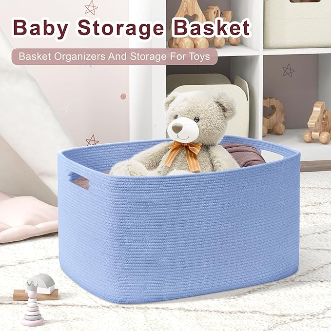 SunNewt 86L Large Baby Girls Laundry Basket for Nursery Storage,Cute Woven cotton Rope Baskets for Kids Toy，Gifts, Boho Square Wicker Blanket hamper for Living Room,Bedroom Dirty Clothes,Blue Purple