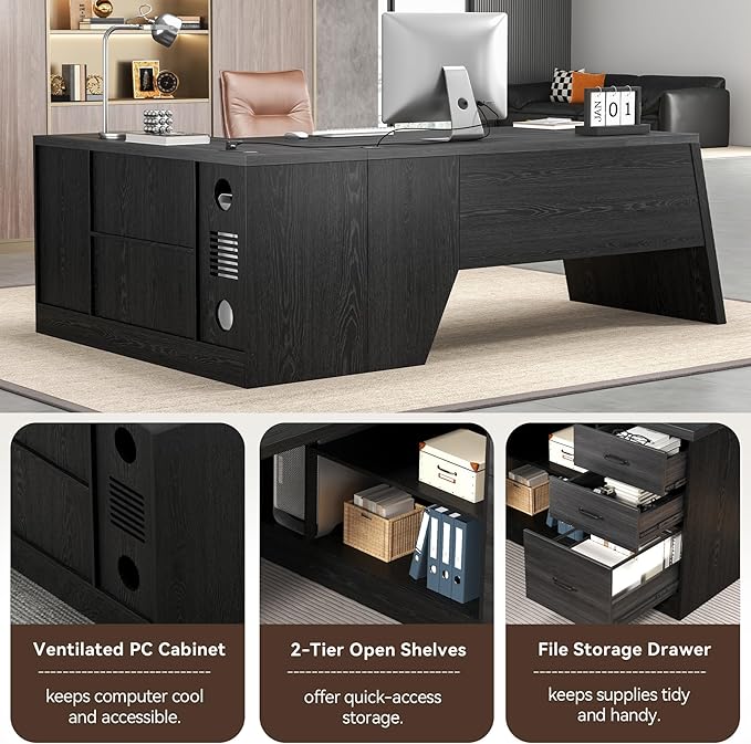 78 Inch L Shape Executive Desk, Large Modern Home Office Desk with Drawer and Cord Hold Management, Wooden Business Furniture for CEO Boss Manager, Black Gray