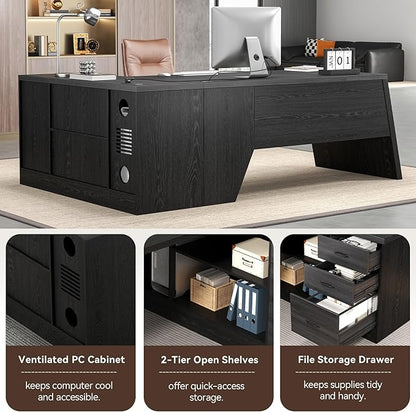 78 Inch L Shape Executive Desk, Large Modern Home Office Desk with Drawer and Cord Hold Management, Wooden Business Furniture for CEO Boss Manager, Black Gray