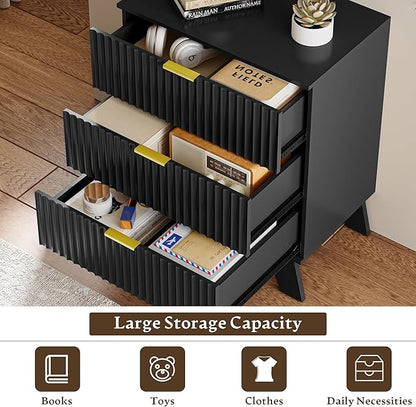 Fluted 3 Drawer Dresser for Bedroom, Mid Century Modern Beside Table with Metal Handle, Wooden Nightstand with 7 Drawers End Table for Living Room, Closet, Entryway, Black