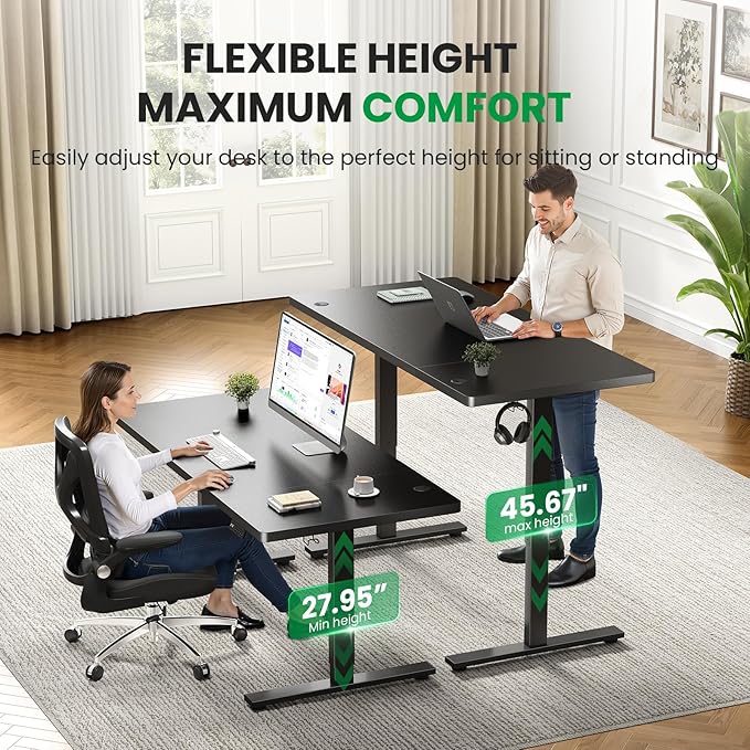 SIAGO Electric Standing Desk Adjustable - 63x30 Inch Sit Stand Desk with 1 Inch Thick Tabletop, Double Beam Frame, 3 Memory Height Adjustment, Cable Management for Home Office