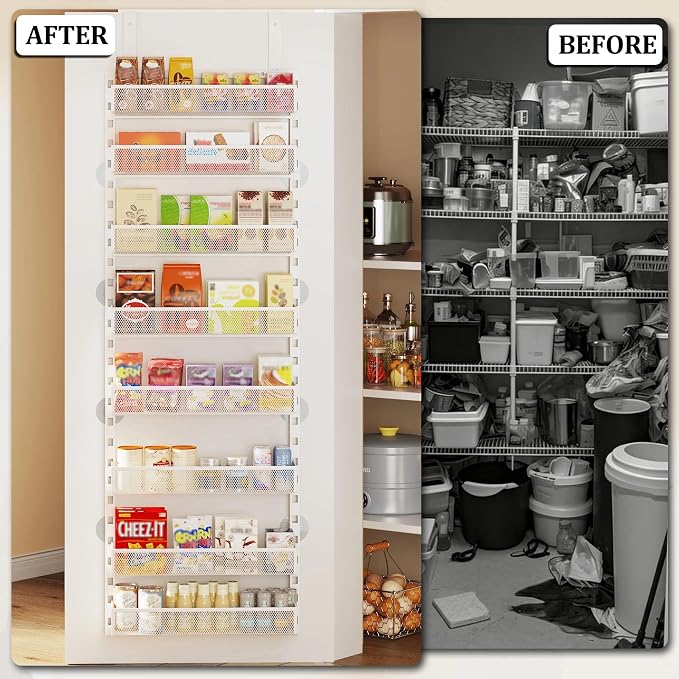 Over the Door Pantry Organizer, 8-Tier Over the Door Spice Rack with Adjustable Baskets, Wall-Mounted or Hanging Shelves for Kitchen, Laundry Room, Bathroom(White, 19.3"W x 5.2"D x 72.6"H)