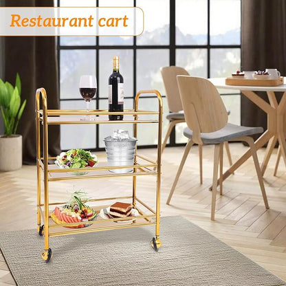 Gold 3 Tier Rolling Cart,Side Table with Wheels, Stainless Steel Trolley cart,End Table Living Room Coffee, Snack, and Bar, Easy Assembly Organizer Storage