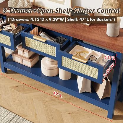 Luoxiao 47" Blue Entryway Table with 3 Rattan Drawers and Open Shelf Storage, Long Sofa Tables for Living Room, Console Entry Table for Hallway, Foyer, Couch, Front Door