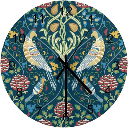William Morris Wall Clock, Vintage Rustic Art Botanical Floral Bird Wall Clocks Battery Operated Silent Non Ticking Round Wooden Clocks for Kitchen Bathroom Living Room 12 Inch