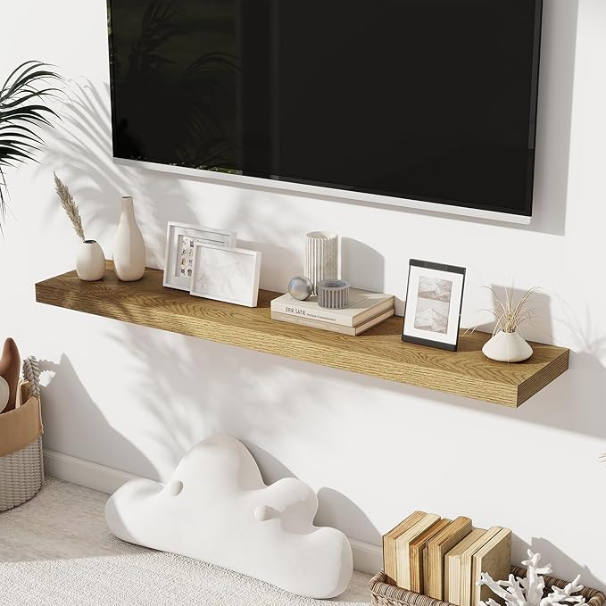 Fun Memories 48 Inch Floating Shelves for Wall 8 Inch Deep Oak Shelves Set of 2, Wall Mounted Rustic Wood Long Floating Shelf, Large Display & Storage Shelf with Invisible Brackets