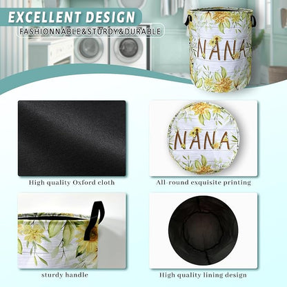 Nana Laundry Basket Foldable With Handles Yellow Sunflowers Tote Bag Oxford Cloth Colorful Floral Laundry Hamper Clothe Storage Bucket Toy Organizer 18.9"x16.5"For Bathroom/Laundry/Bedroom