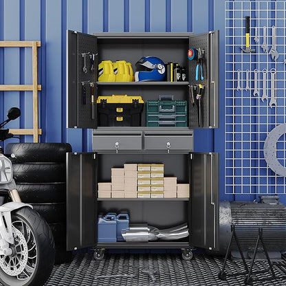 Metal Garage Storage Cabinet with 2 Drawers and 2 Adjustable Shelves, Rolling Tool Storage Cabinet with Wheels and Locking Doors for Garage, Warehouse, Black, Assembly Required