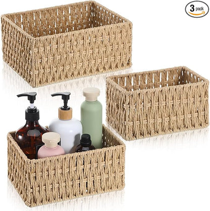 3 Pack Wicker Baskets for Organizing, Toilet Tank Basket for Bathroom, Hand-Woven Paper Rope Wicker Baskets, Toilet Paper Storage Basket for Toilets Tank Top for Shelves