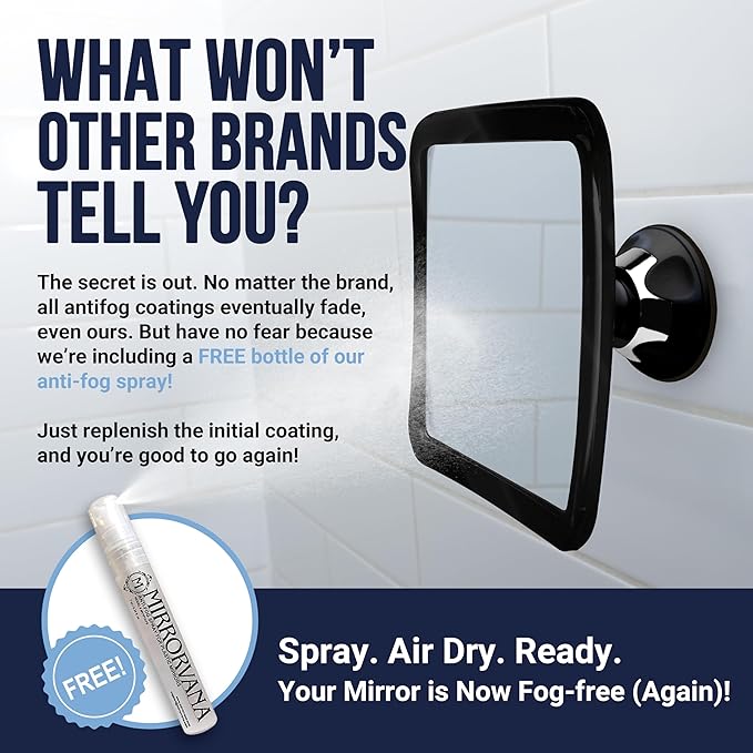 MIRRORVANA Fogless Shower Mirror for Shaving with Upgraded Suction, Anti Fog Shatterproof Surface and 360° Swivel, 1X Magnifying, 6.3 x 6.3 Inch (Black)
