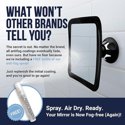 MIRRORVANA Fogless Shower Mirror for Shaving with Upgraded Suction, Anti Fog Shatterproof Surface and 360° Swivel, 1X Magnifying, 6.3 x 6.3 Inch (Black)