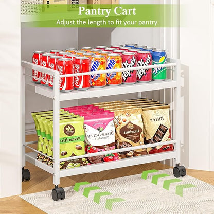1 Pack 2-Tier Expandable Pantry Floor Organizer Cart, Rolling Pantry Storage Cart with Wheel, Adjustable Can Organizer for Kitchen Pantry, Pantry Shelves and Storage Rack for Snacks, Vegetables, White