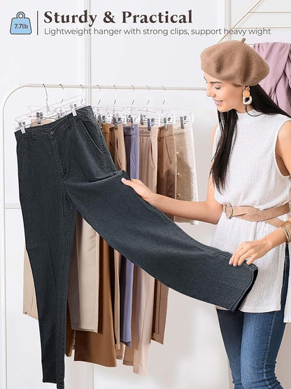HOUSE DAY Clear Pants Hangers with Clips 300 Pack, Non-Slip Plastic Skirt Hanger with Adjustable Clips, Slim Clip Hangers for Pants, Skirts, Shorts, 14" Clear Hanger, 360-Rotating Swivel Hook