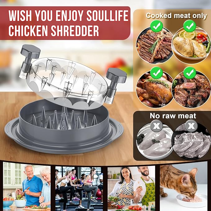 SoulLife Chicken Shredder 8 Inches, Chicken Breast Shredder, Meat Shredder, Chicken Shredder Tool Twist, Clear Lid, Ergonomic Handle, Strong Anti-slip, Easy To Clean, BPA free, Dishwasher safe (Grey)