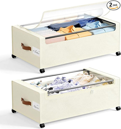 Yecaye 95 L Under Bed Storage with Wheels, 11 in Under Bed Storage Containers, Large Under Bed Shoe Storage with Lids, Rolling Underbed Storage bins for Clothes, Blankets, Beige