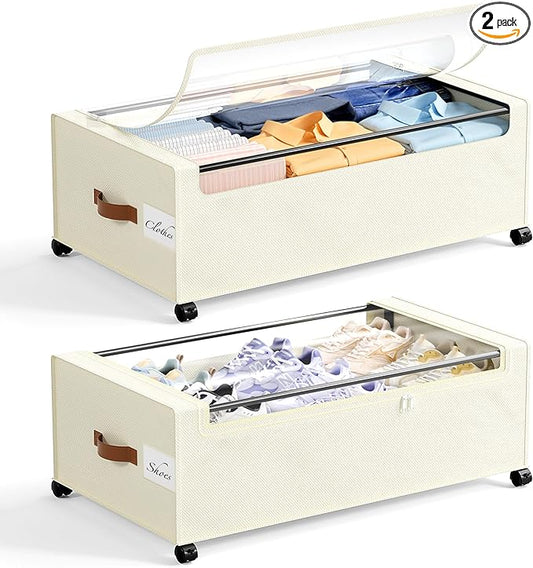 Yecaye 95 L Under Bed Storage with Wheels, 11 in Under Bed Storage Containers, Large Under Bed Shoe Storage with Lids, Rolling Underbed Storage bins for Clothes, Blankets, Beige