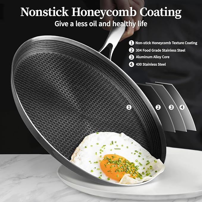 Innerwell Stainless Steel Crepe Pan - 10 Inch Nonstick Crepe Pan, Stainless Steel Honeycomb Coating Pancake Pan, Non Stick Flat Skillet Tawa Dosa Tortilla Griddle Pan, Induction Compatible, PFOA Free