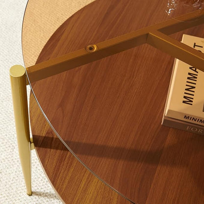 Round Coffee Table, Mid-Century Modern Design, D30*H17 inch, for Living Room, 2-Tier Structure, Amber Glass Top and Walnut Wood Shelf, Sleek Conical Metal Legs with Gold Finish