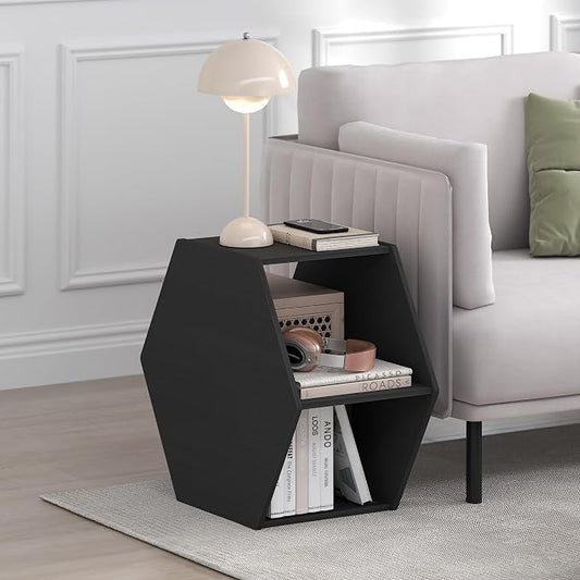 Furinno Simple Design Coffee Table, Hexagon Modern Center Table with Open Shelf, Vertical or Horizontal Side Table, for Living Room, Bedroom, Home Office, Americano