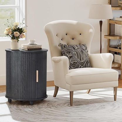 Set of 2 Fluted Round End Table with Charging Station, Small Farmhouse Sofa Side Table with Sliding Tambour Door & Storage, Mid-Century Wood Fulted Nightstands for Living Room, Bedroom (Black)