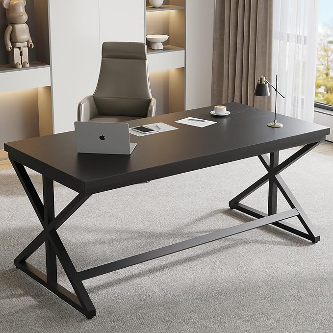 IBF Modern Black Computer Desk, Long Home Office Desk for Writing Study, Large Simple Wood Metal Work Desk in Bedroom, Big Industrial Pc Gaming Workstation Executive Computer Table, Black Oak, 60 Inch