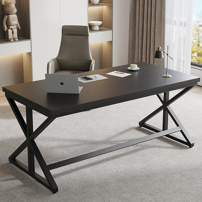 IBF Modern Black Computer Desk, Long Home Office Desk for Writing Study, Large Simple Wood Metal Work Desk in Bedroom, Big Industrial Pc Gaming Workstation Executive Computer Table, Black Oak, 60 Inch