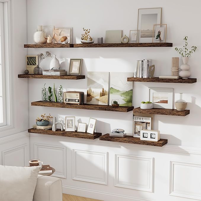 Fun Memories 48 Inch Floating Shelves for Wall 8 Inch Deep Rustic Brown Shelves Set of 2, Wall Mounted Rustic Wood Long Floating Shelf, Large Display & Storage Shelf with Invisible Brackets