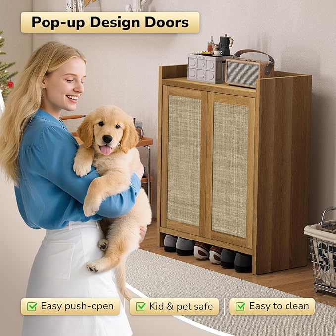 Boho 2 Doors Shoe Storage Cabinet for Entryway, Farmhouse Wooden Shoe Organizer for Front Door Entrance Hallway, Zapatero Organizador Rattan Shoes Cabinet (Oak, 2 Doors, 2 PCS)