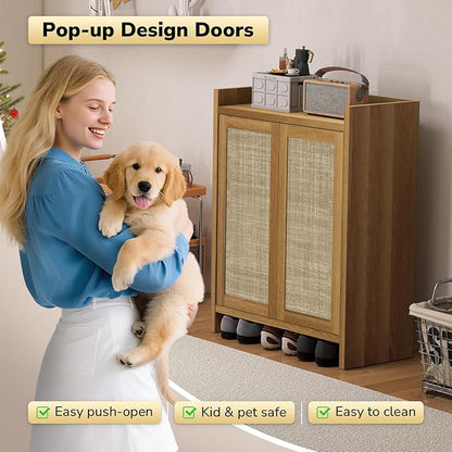 Boho 2 Doors Shoe Storage Cabinet for Entryway, Farmhouse Wooden Shoe Organizer for Front Door Entrance Hallway, Zapatero Organizador Rattan Shoes Cabinet (Oak, 2 Doors, 2 PCS)