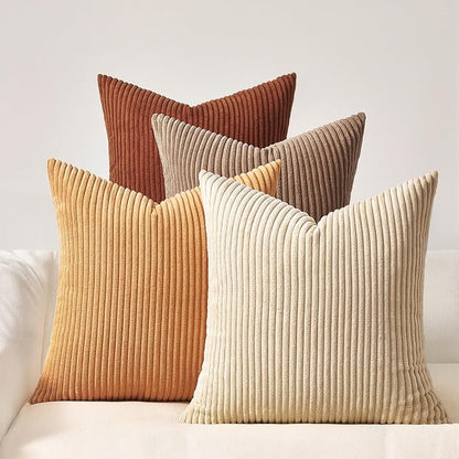 Topfinel Boho Throw Pillow Covers 18x18 Inch Set of 4 Soft Farmhouse Corduroy Striped Decorative Cushion Cover Yellow Brown Gradient Rustic Pillow Case for Sofa Couch Living Room Bedroom