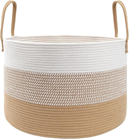 JMvicyroam 115L Extra Large Blanket Basket for Living Room - Woven Cotton Rope Laundry Hamper with Reinforced Handles - Storage Bin for Pillows, Comforters & Toys - Machine Washable,White&Jute Mix
