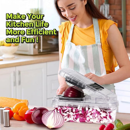 Vegetable Chopper,12-in-1 Multifunctional Food Chopper,Professional Onion Chopper with 7 Blades,Vegetable Cutter with Container for Salad,Potato,Carrot,and Garlic Essential Kitchen Tool (transparent)