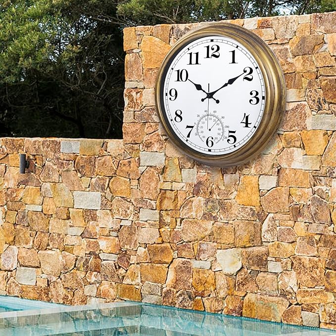 16 Inch Large Outdoor Clock, Retro Waterproof Indoor/Outdoor Clock Non-Ticking Clock with Thermometer, Battery Operated Wall Clock for Patio, Garden, Pool - Bronze
