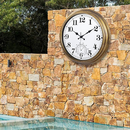 16 Inch Large Outdoor Clock, Retro Waterproof Indoor/Outdoor Clock Non-Ticking Clock with Thermometer, Battery Operated Wall Clock for Patio, Garden, Pool - Bronze