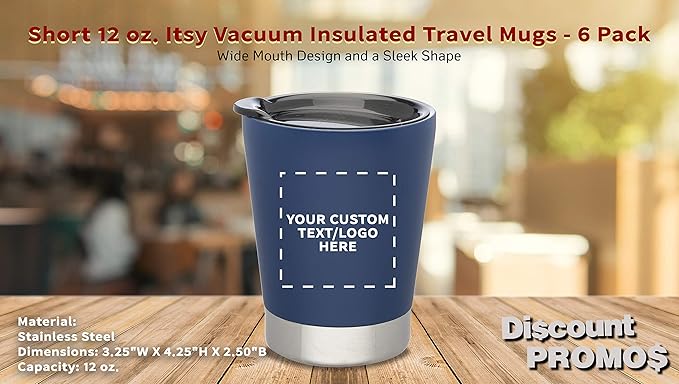 Personalized 12 oz. Itsy Vacuum Insulated Travel Mugs - 6 Pack - Custom Text, Logo - Blue