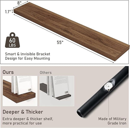 Fun Memories 55 Inch Long Floating Shelves for Wall, 8" Deep Floating Shelves for Bathroom Living Room Bedroom, Rustic Wall Mounted Shelf with Invisible Heavy-Duty Bracket, Set of 2, Walnut