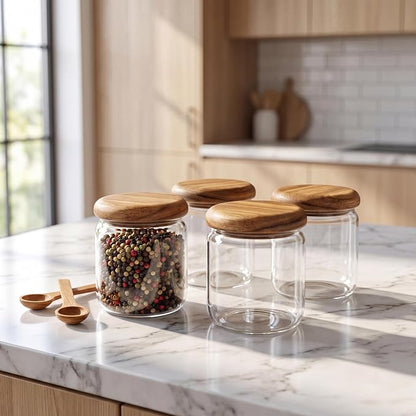4-Pack 13 fl oz Wide Mouth Mason Jars with Spoon & Labels, Acacia Wood Lids, Press Seal, No Plastic, for Food, Snacks, Candy, Fruits, Coffee Beans, Spices & Dry Storage, Pantry Organizer.