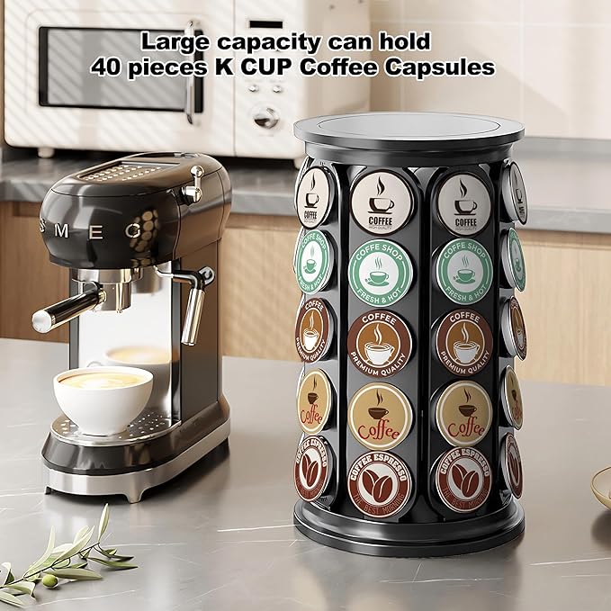 K Cup Holder, Coffee Pod Storage Carousel Stand Compatible with 40 Keurig K-Cup Pods, Home or Office Kitchen Counter Space-Saving Organizer (Black)
