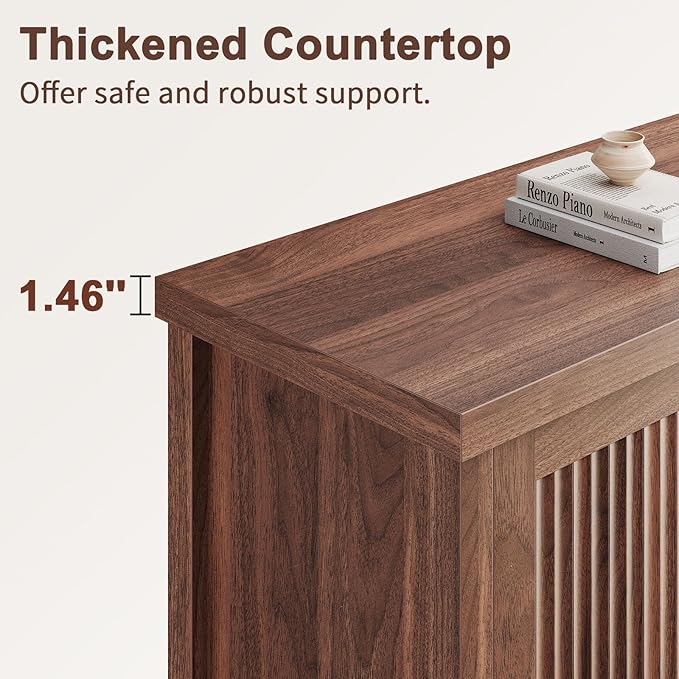 Fluted Buffet Cabinet with Storage Accent Sideboard,Modern Credenza with 2 Doors & Adjustable Shelves,Wood Coffee Bar Table Console for Dining Room Kitchen Living Room Entryway, Walnut