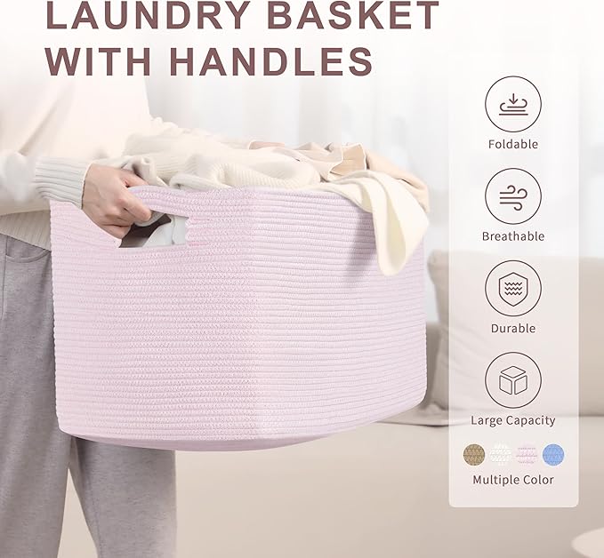 SunNewt 86L Large Baby Girls Laundry Basket for Nursery Storage,Cute Woven cotton Rope Baskets for Kids Toy，Gifts, Boho Square Wicker Blanket hamper for Living Room,Bedroom Dirty Clothes,Pink