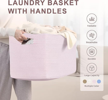 SunNewt 86L Large Baby Girls Laundry Basket for Nursery Storage,Cute Woven cotton Rope Baskets for Kids Toy，Gifts, Boho Square Wicker Blanket hamper for Living Room,Bedroom Dirty Clothes,Pink