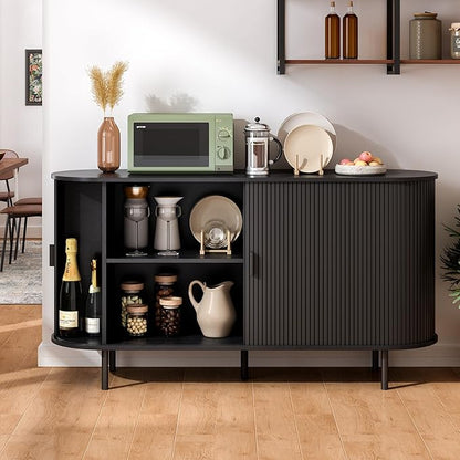 ONBRILL 55" Sideboard Buffet Cabinet with Storage, Storage Cabinet with Sliding Door & Adjustable Shelf, Modern Accent Coffee Bar Cabinet Console Table for Kitchen, Entryway, Black