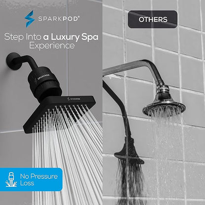 SparkPod 23-Stage Filtered Shower Head, 6" Square, Black Matte | Filtered Shower Head for Hard Water Filter, High Pressure, Reduces Chlorine, Heavy Metals, For Dry Skin & Hair