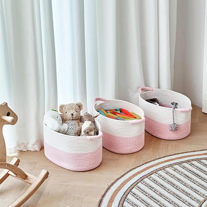 R RUNKA Storage Baskets for Organizing | 15"x10.2"x9.1" - 1 Pack Nursery Bin with Handles - Woven Cotton Rope Baskets for Dog Toys, Books, Shelf, Bathroom,Closet -Pink Basket for Girls