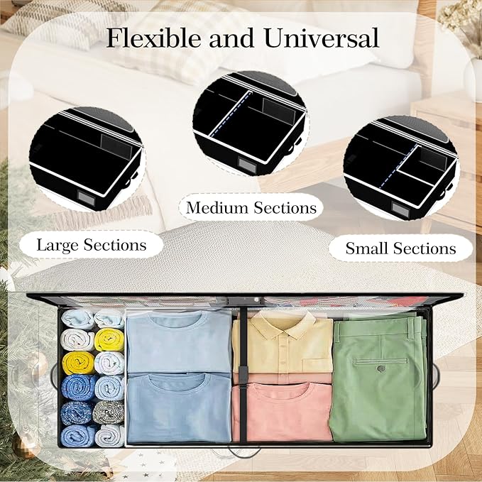 GoMaihe Under Bed Storage with Wheels: 70L Rolling Bins for Wrapping Paper Storage, Toys, Clothes - Includes Mesh Bag & Adjustable Dividers, Metal Frame Easy Pull-out Black 1-Pack