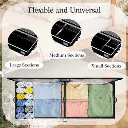 GoMaihe Under Bed Storage with Wheels: 70L Rolling Bins for Wrapping Paper Storage, Toys, Clothes - Includes Mesh Bag & Adjustable Dividers, Metal Frame Easy Pull-out Black 1-Pack