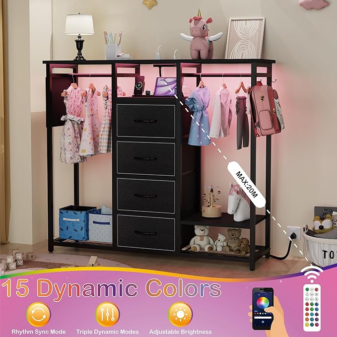 Dresser with Hanging Clothes Rack, 4 Drawers Dresser for Bedroom with LED Lights and Charging Station, Fabric Storage Chest of Drawers for Closet with Clothes Rack Bedroom Kid’s Room, Metal, Black