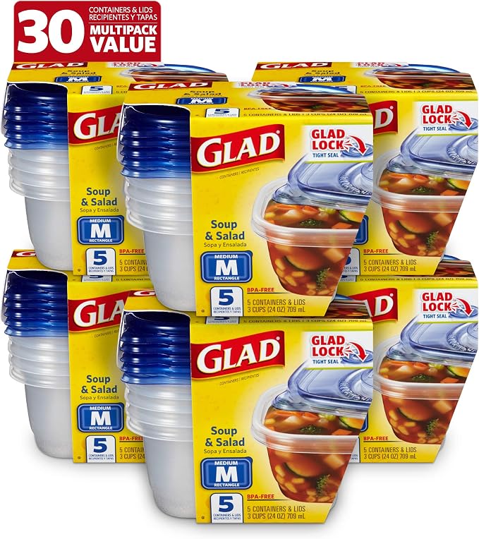 Glad GladWare Medium Rectangle Food Storage Containers with Lids, BPA Free Plastic for Soups Salads and Meal Prep, Airtight Leak Resistant, Microwave Dishwasher Freezer Safe, 24 Oz, 5 Count - 6 Pack